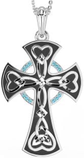 Large Aquamarine Silver Black Rhodium Celtic Cross Heart Necklace