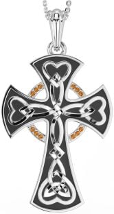 Large Citrine Silver Black Rhodium Celtic Cross Heart Necklace