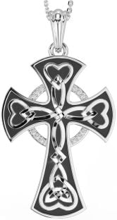 Large Diamond Silver Black Rhodium Celtic Cross Heart Necklace