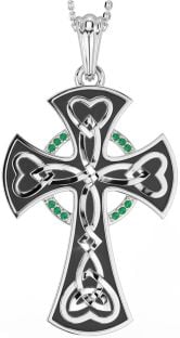 Large Emerald Silver Black Rhodium Celtic Cross Heart Necklace