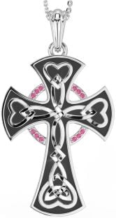 Large Pink Tourmaline Silver Black Rhodium Celtic Cross Heart Necklace