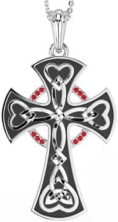 Large Ruby Silver Black Rhodium Celtic Cross Heart Necklace