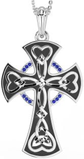 Large Sapphire Silver Black Rhodium Celtic Cross Heart Necklace