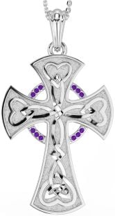 Large Amethyst White Gold Celtic Cross Heart Necklace