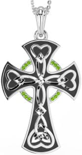 Large Peridot White Gold Black Rhodium Celtic Cross Heart Necklace