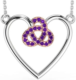 Amethyst Rose Gold Silver Celtic Trinity Knot Heart Necklace