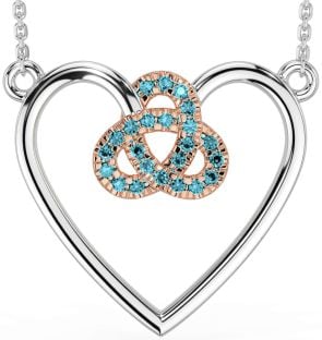 Aquamarine Rose Gold Silver Celtic Trinity Knot Heart Necklace