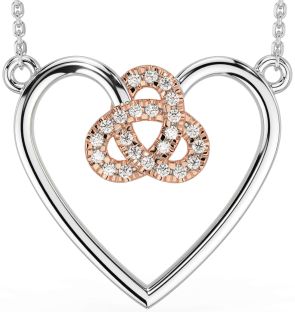 Diamond Rose Gold Silver Celtic Trinity Knot Heart Necklace