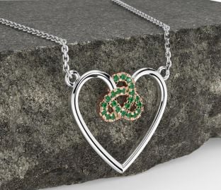 Emerald Rose Gold Silver Celtic Trinity Knot Heart Necklace