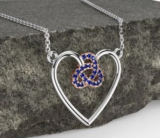 Sapphire Rose Gold Silver Celtic Trinity Knot Heart Necklace