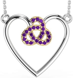 Amethyst Gold Silver Celtic Trinity Knot Heart Necklace