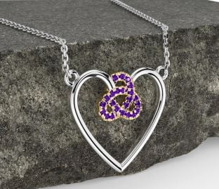 Amethyst Gold Silver Celtic Trinity Knot Heart Necklace