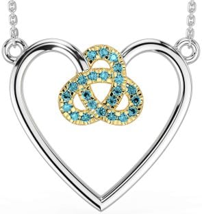 Aquamarine Gold Silver Celtic Trinity Knot Heart Necklace