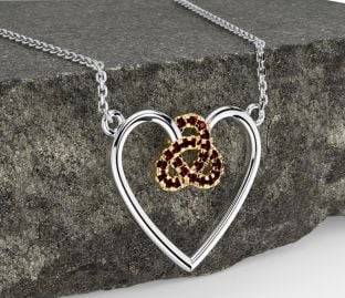 Garnet Gold Silver Celtic Trinity Knot Heart Necklace