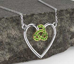 Peridot Gold Silver Celtic Trinity Knot Heart Necklace