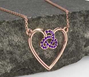 Amethyst Rose Yellow Gold & Silver Celtic Trinity Knot Heart Necklace