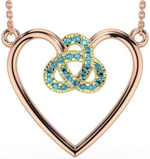 Aquamarine Rose Yellow Gold & Silver Celtic Trinity Knot Heart Necklace