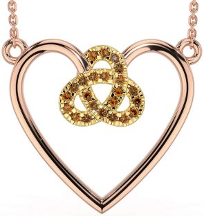 Citrine Rose Yellow Gold & Silver Celtic Trinity Knot Heart Necklace