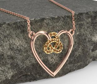 Citrine Rose Yellow Gold & Silver Celtic Trinity Knot Heart Necklace