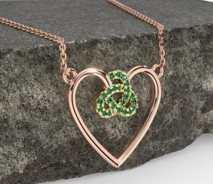 Emerald Rose Yellow Gold & Silver Celtic Trinity Knot Heart Necklace