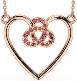 Pink Tourmaline Rose Yellow Gold & Silver Celtic Trinity Knot Heart Necklace