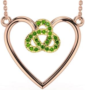 Peridot Rose Yellow Gold & Silver Celtic Trinity Knot Heart Necklace