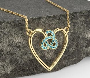 Aquamarine Gold Silver Celtic Trinity Knot Heart Necklace