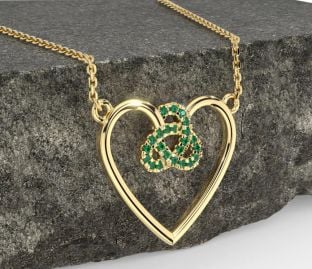Emerald Gold Silver Celtic Trinity Knot Heart Necklace