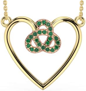 Emerald Rose Yellow Gold & Silver Celtic Trinity Knot Heart Necklace