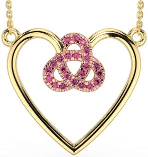 Pink Tourmaline Rose Yellow Gold & Silver Celtic Trinity Knot Heart Necklace