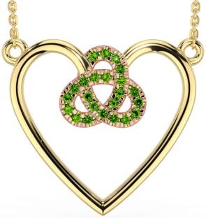 Peridot Rose Yellow Gold & Silver Celtic Trinity Knot Heart Necklace