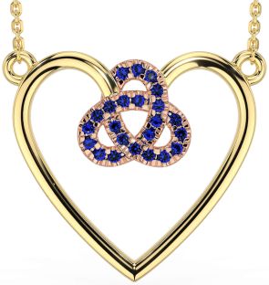 Sapphire Rose Yellow Gold & Silver Celtic Trinity Knot Heart Necklace