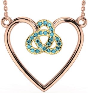 Aquamarine Rose Yellow Gold Celtic Trinity Knot Heart Necklace