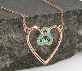 Aquamarine Rose Yellow Gold Celtic Trinity Knot Heart Necklace