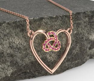 Pink Tourmaline Rose Yellow Gold Celtic Trinity Knot Heart Necklace