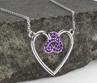 Amethyst Silver Celtic Trinity Knot Heart Necklace