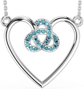 Aquamarine Silver Celtic Trinity Knot Heart Necklace