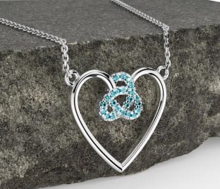 Aquamarine Silver Celtic Trinity Knot Heart Necklace