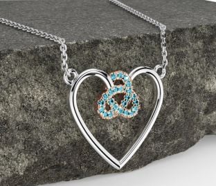 Aquamarine Rose Gold Silver Celtic Trinity Knot Heart Necklace