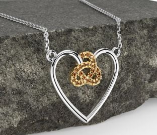 Citrine Gold Silver Celtic Trinity Knot Heart Necklace
