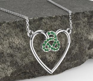 Emerald White Gold Celtic Trinity Knot Heart Necklace