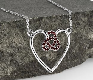 Garnet White Gold Celtic Trinity Knot Heart Necklace