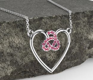 Pink Tourmaline White Gold Celtic Trinity Knot Heart Necklace
