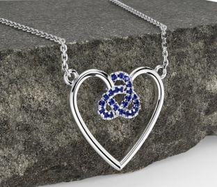 Sapphire White Gold Celtic Trinity Knot Heart Necklace