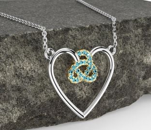 Aquamarine White Yellow Gold Celtic Trinity Knot Heart Necklace