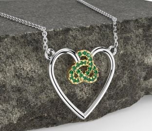 Emerald White Yellow Gold Celtic Trinity Knot Heart Necklace