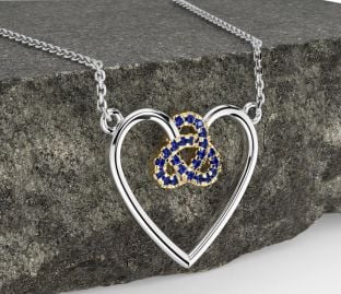 Sapphire White Yellow Gold Celtic Trinity Knot Heart Necklace