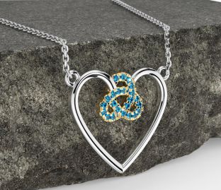 Topaz White Yellow Gold Celtic Trinity Knot Heart Necklace