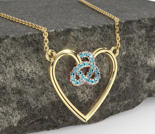 Aquamarine Rose Yellow Gold Celtic Trinity Knot Heart Necklace