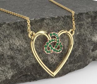 Emerald Rose Yellow Gold Celtic Trinity Knot Heart Necklace
